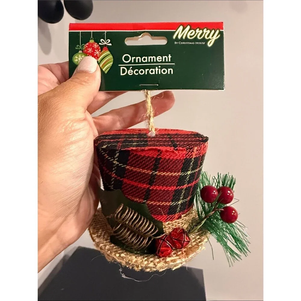 Buffalo Plaid Mini Top Hat Christmas Ornament Rustic Farmhouse Tree Decor